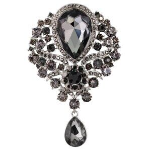 Victorian Style Black & Gray Crystal Brooch Silver Tone Gothic